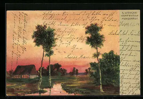 Künstler-AK Sophie Wencke: Worpswede, Ortspartie im Morgenrot