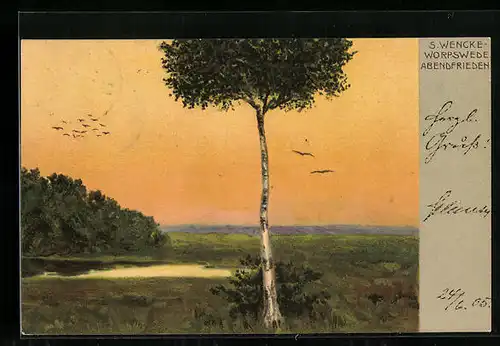 Künstler-AK Sophie Wencke: Worpswede, Abendfrieden, Ortspartie mit Birke