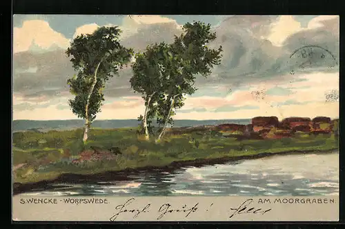 Künstler-AK Sophie Wencke: Worpswede, Birken am Moorgraben
