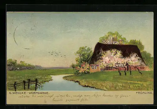 Künstler-AK Sophie Wencke: Worpswede, Haus in der Frühlingssonne