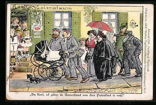 Künstler-AK Heinrich Zille: Du Korl, ick glöw, de Ünnerstand von dien Patenkind is nass!, Soldaten mit Kinderwagen