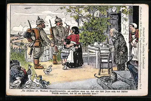 Künstler-AK Heinrich Zille: Vadding in Frankreich, Na adschüs of Madam Quartierwirtin..., Soldaten mit Tabakpfeife