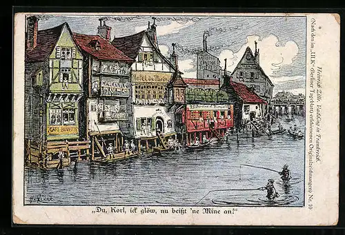 Künstler-AK Heinrich Zille: Soldaten beim Angeln ...beisst ne Mine an!