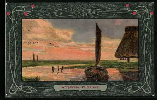 Künstler-AK Worpsweder Künstlerkolonie: Worpswede, Segelboot im Sonnenuntergang