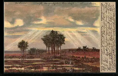 Künstler-AK Worpsweder Künstlerkolonie: Sonnenstrahlen brechen durch die Wolken