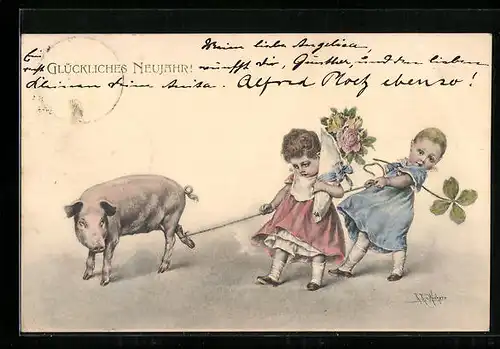 Künstler-AK Wichera: Kinder mit Schwein und Glücksklee
