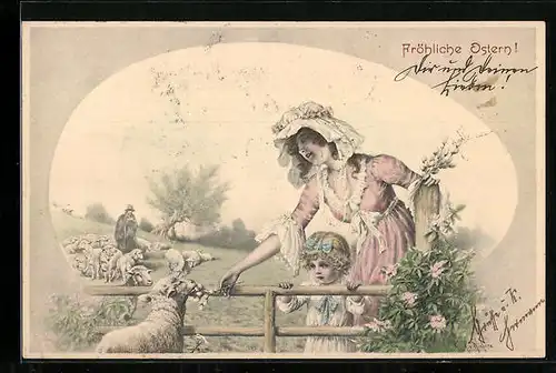 Künstler-AK Wichera: Mutter und Tochter füttern die Lämmer auf der Weide, Fröhliche Ostern!