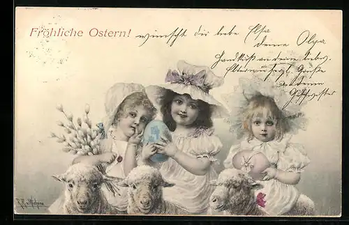 Künstler-AK Wichera: Drei Mädchen reiten auf Lämmern, Ostergruss