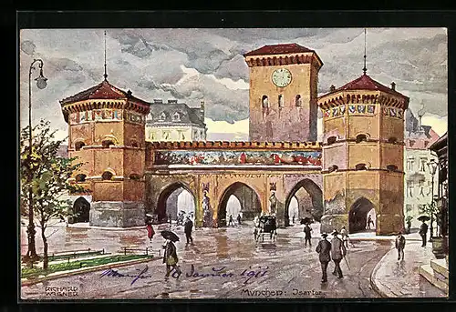 Künstler-AK Richard Wagner: München, Isartor bei Regen und Pferdekutsche