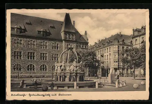 AK Karlsruhe, Gutenbergplatz mit Brunnen