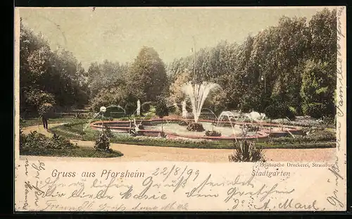 AK Pforzheim, Springbrunnen im Stadtgarten