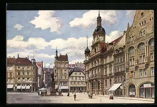 AK Pforzheim, Marktplatz mit Gasthaus zum Hecht, Rathaus und Kriegerdenkmal