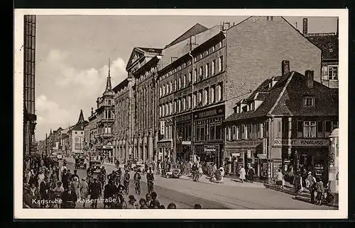 AK Karlsruhe, Kaiserstrasse mit Cafe und Geschäften