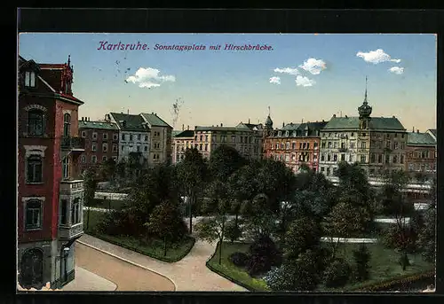 AK Karlsruhe, Sonntagsplatz mit Hirschbrücke