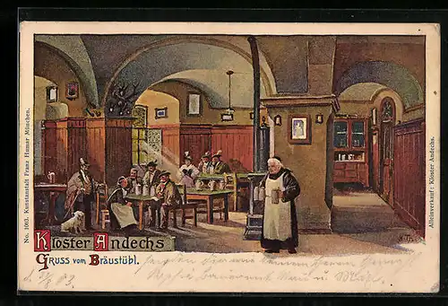 Lithographie Andechs, Gasthaus Bräustübl im Kloster Andechs, Innenansicht