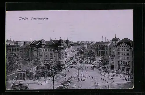 AK Berlin-Tiergarten, Potsdamerplatz mit Cafe und Strassenbahn