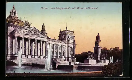 AK Berlin, Reichstagsgebäude mit Bismarck-Denkmal