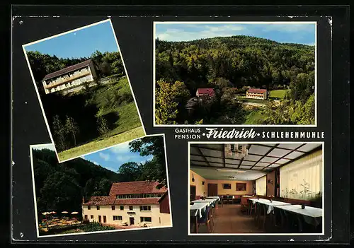 AK Schlehenmühle, Gasthaus-Pension Friedrich, Aussen- und Innenansichten