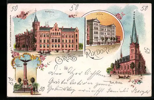 Lithographie Berlin-Rixdorf, Rathaus, Katholische Kirche, Schule