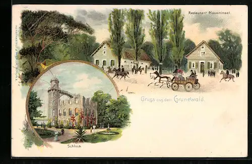 Lithographie Berlin-Grunewald, Restaurant Pfaueninsel, Schloss