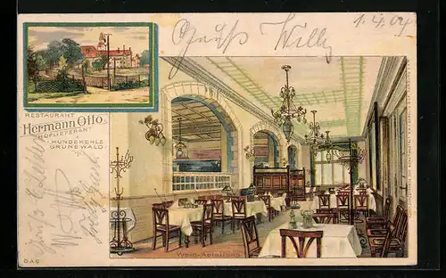 Lithographie Berlin-Grunewald, Restaurant Hundekehle von Hermann Otto, Innenansicht