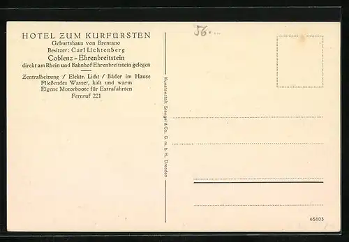 AK Coblenz-Ehrenbreitstein, Hotel zum Kurfürsten am Rhein