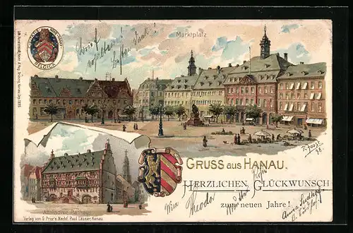 Lithographie Hanau, Marktplatz, Altstädter Rathaus, Wappen