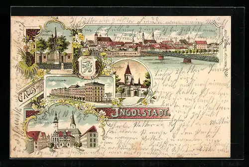 Lithographie Ingolstadt, Friedenskaserne, Rathaus mit Pfarrkirche, Kreuztor