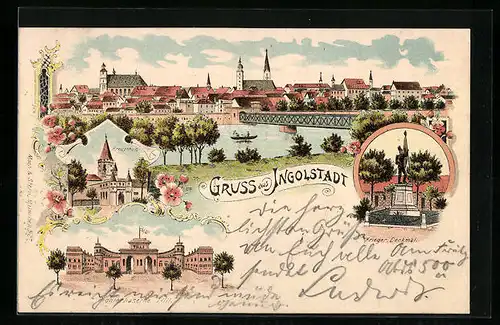 Lithographie Ingolstadt, Pionierkaserne Tilli, Kreuztor, Kriegerdenkmal