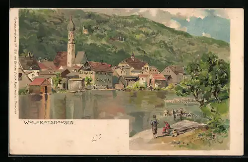 Lithographie Wolfratshausen, Ortsansicht mit Uferpartie