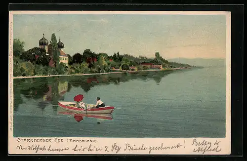Lithographie Ammerland am Starnberger See, Ruderbootpartie mit Ortspanorama