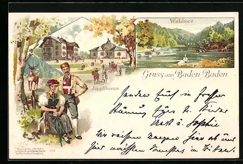 Lithographie Baden-Baden, Jagdhaus, Waldsee, Paar in Tracht