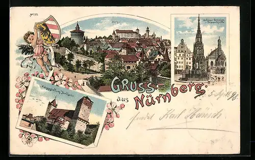 Lithographie Nürnberg, Ortsansicht mit Burg, Kaiserstallung Nordseite