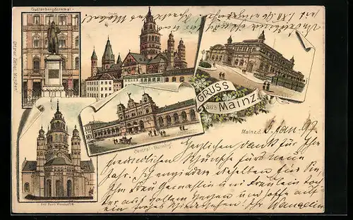 Lithographie Mainz, Guttenbergdenkmal, Central-Bahnhof, Dom, Westseite