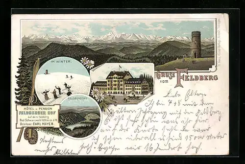 Lithographie Feldberg, Hotel, Panorama & Skifahrer