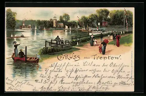 Lithographie Berlin-Treptow, Promenade mit Flaneuren, Dampfer, Ruderboot