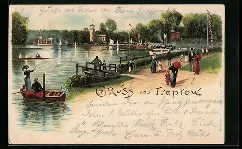 Lithographie Treptow, Ortspartie mit Booten