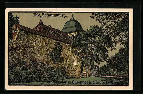 Steindruck-AK Rinteln, Die Schaumburg, Eingangstor mit Burglinde aus dem Jahre 1389