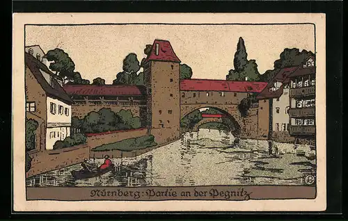 Steindruck-AK Nürnberg, Ortspartie an der Pegnitz