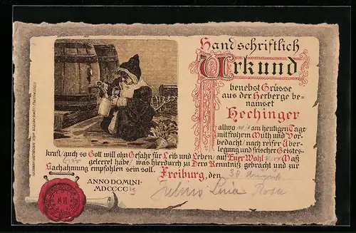 AK Freiburg, Trinker-Urkunde, Gasthaus Hechinger