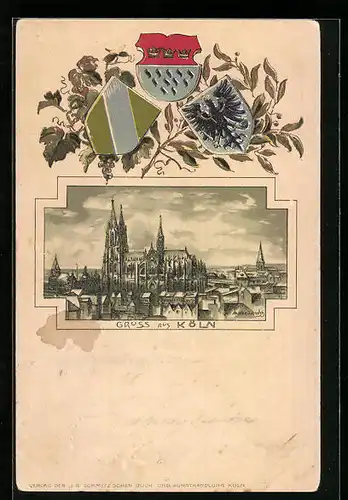 Passepartout-Lithographie Köln, Teilansicht mit Dom, geprägte Wappen