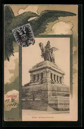 Passepartout-Lithographie Coblenz, Kaiser-Wilhelm-Denkmal, Reichswappen und Adler