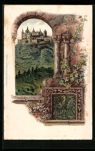 Passepartout-Lithographie Bisingen, Burg Hohenzollern, durch ein Burgfenster gesehen, Reichsadler