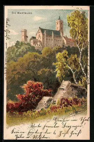Lithographie Eisenach, Die Wartburg, Reklame Thee-Messmer