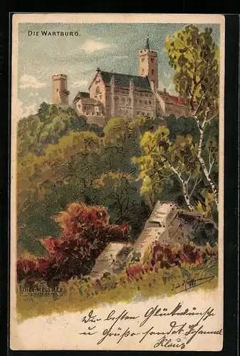 Lithographie Eisenach, Wartburg im Herbst, Reklame Thee-Messmer