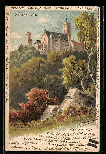 Lithographie Eisenach, Wartburg von unten gesehen, Reklame Thee-Messmer