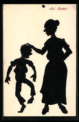 AK Au! Backe!, Mutter beim Züchtigen eines Knaben, Scherenschnitt