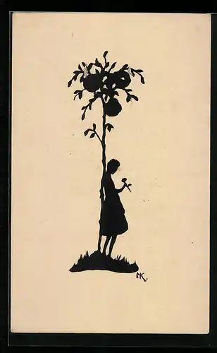 AK Mädchen unter einem blühendem Baum, Scherenschnitt