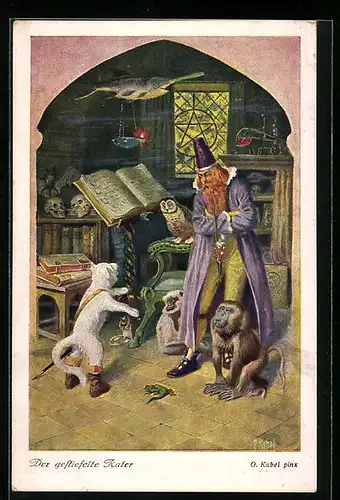 Künstler-AK Otto Kubel: Der gestiefelte Kater kommt beim Zauberer im Schloss an, Eule, Affe