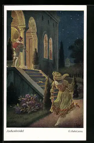 Künstler-AK Otto Kubel: Aschenputtel verlässt das Fest, läuft vor dem Prinzen davon
